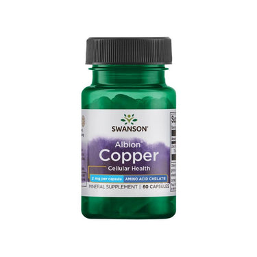 A green Swanson bottle labeled for cellular health and enzymatic processes, with black cap, contains 60 capsules of Albion Copper (2 mg each), using Albion bisglycinate chelate.